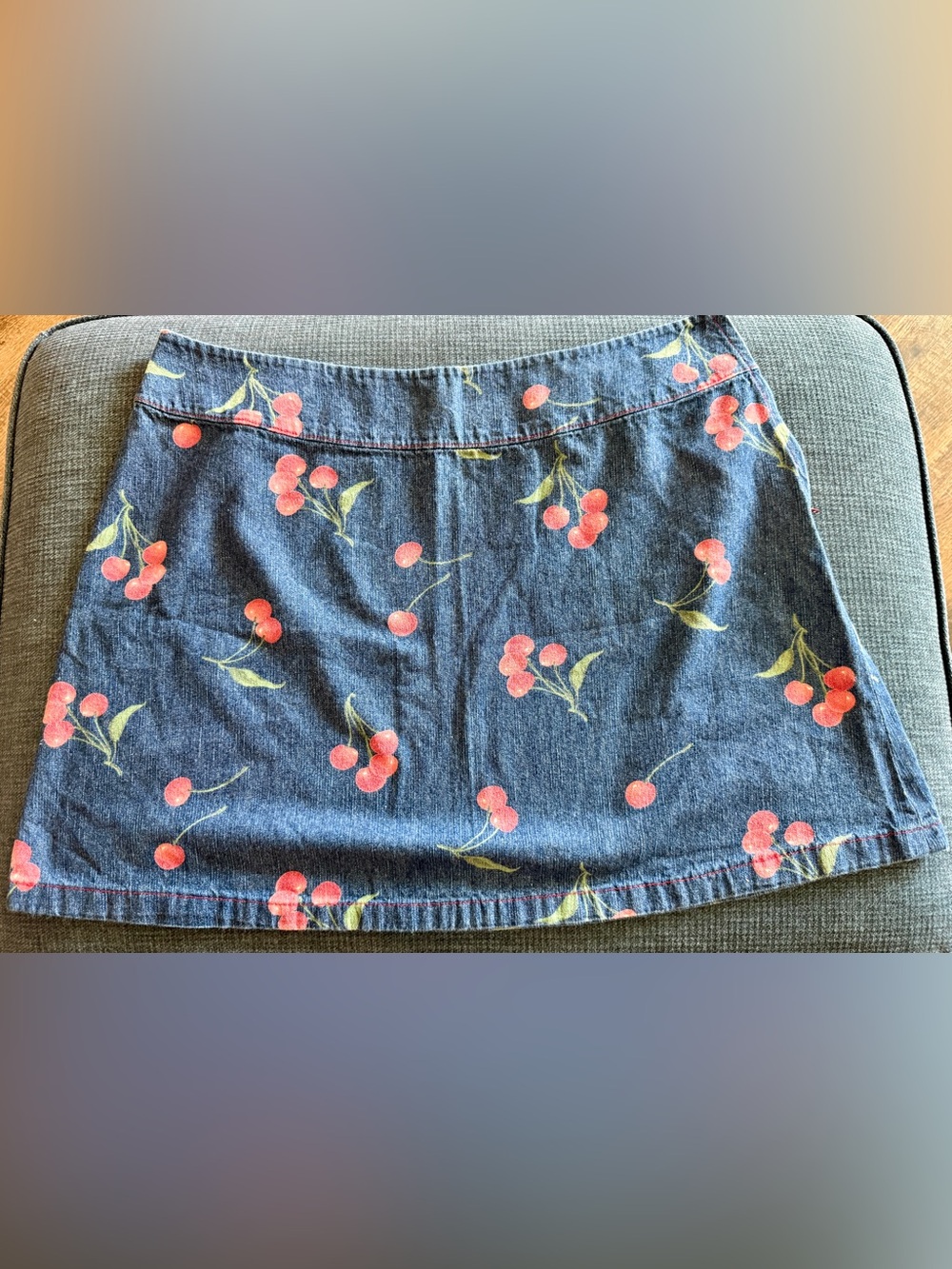 Denim A-Line Skirt with Cherry Print - Blue